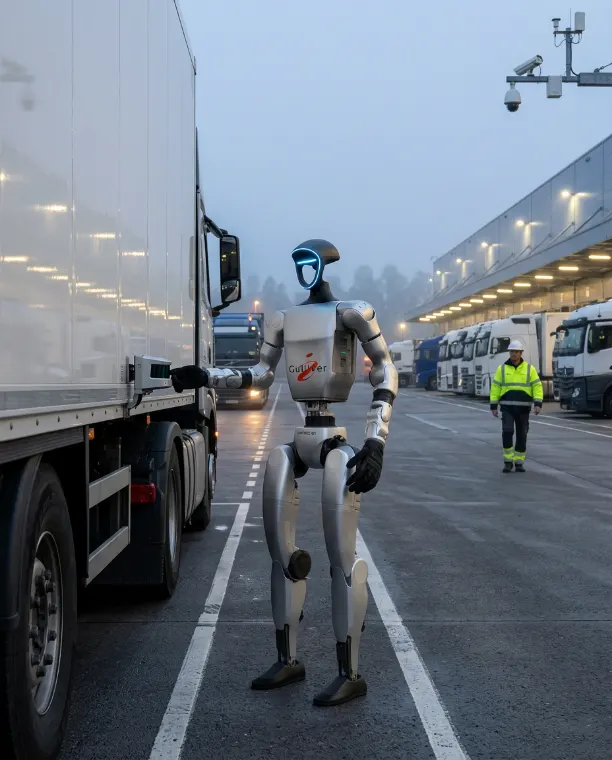 Robot humanoïde au travail sur un site logistique à côté d’un camion, avec un opérateur à l’arrière-plan